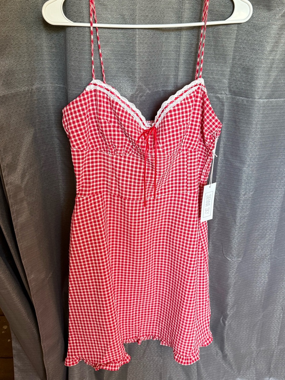 NWT  Red Gingham Lace-Trim Dress